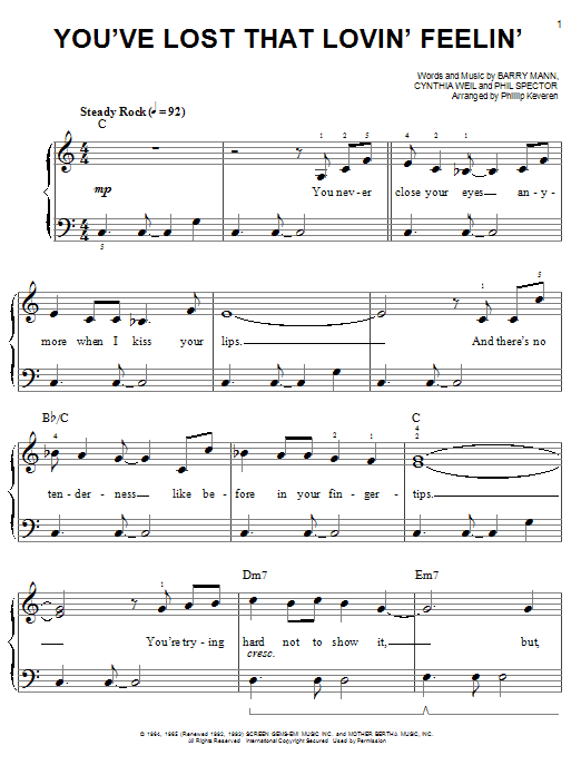 The Righteous Brothers You've Lost That Lovin' Feelin' sheet music notes and chords. Download Printable PDF.