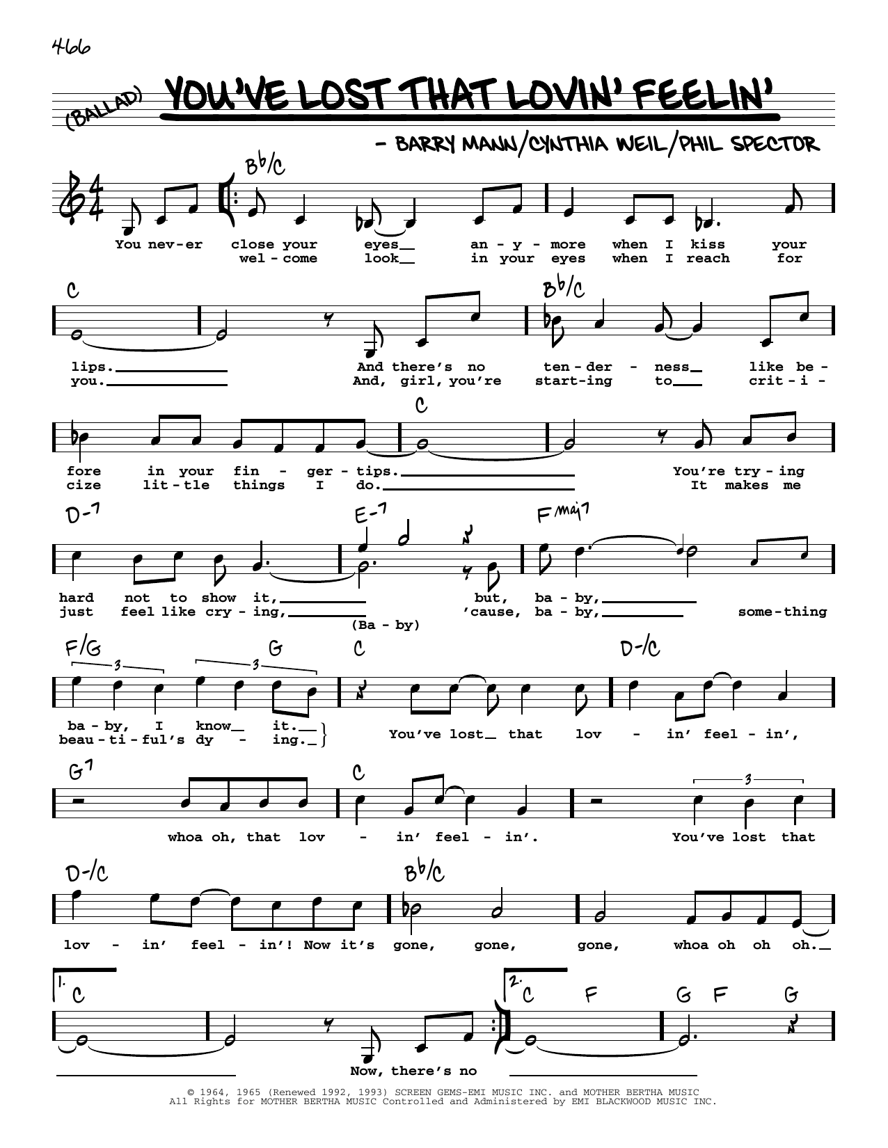 The Righteous Brothers You've Lost That Lovin' Feelin' (Low Voice) sheet music notes and chords. Download Printable PDF.