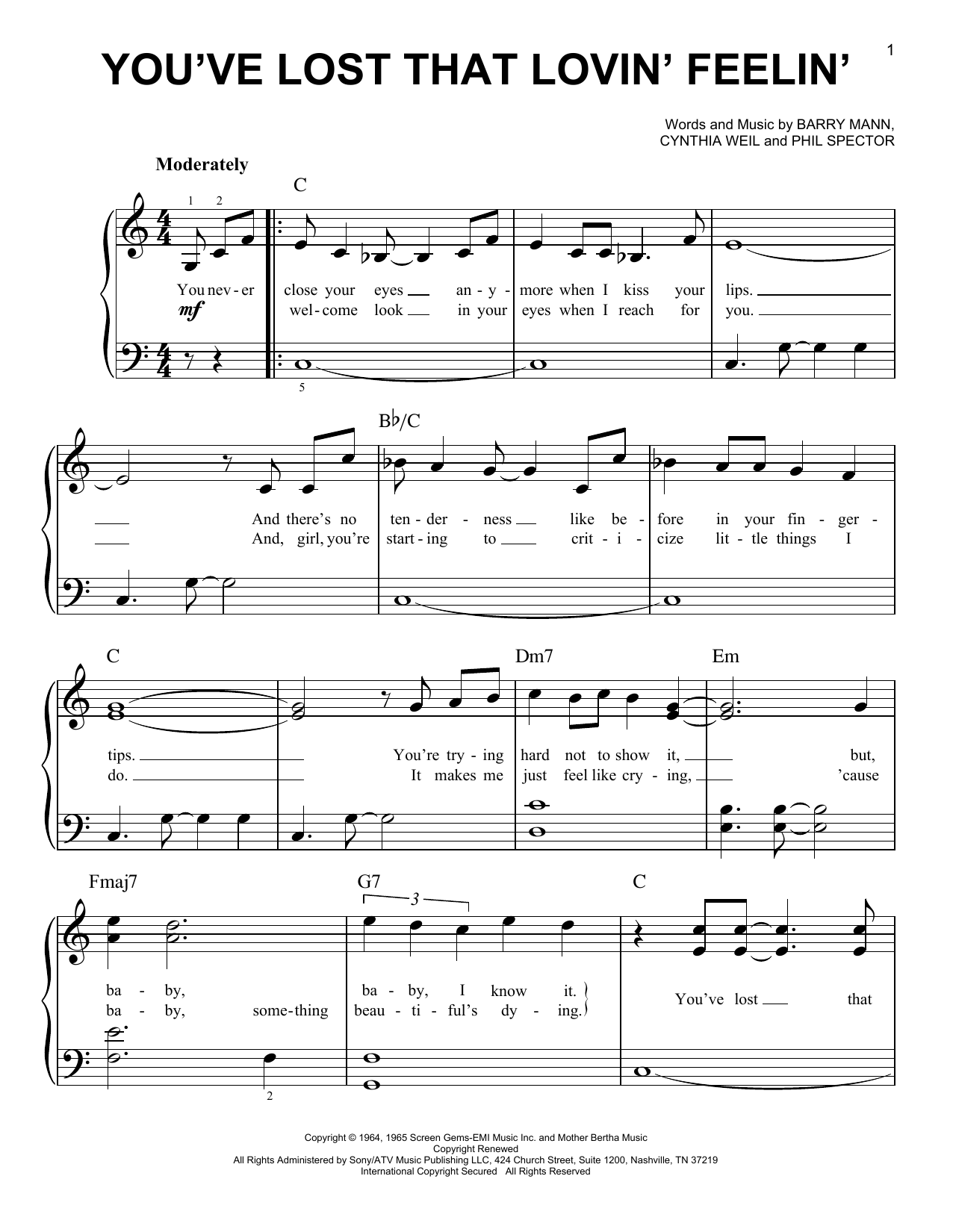 The Righteous Brothers You've Lost That Lovin' Feelin' sheet music notes and chords. Download Printable PDF.