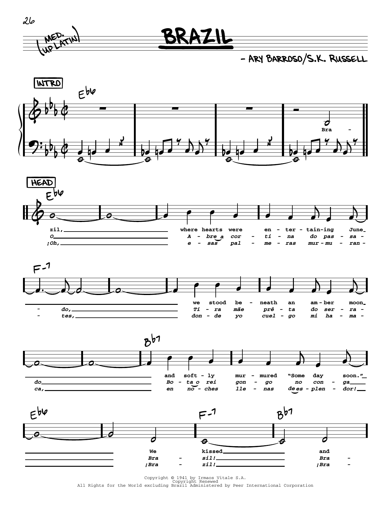 Learn to play The Ritchie Family Brazil (Low Voice) sheet music for Real Book – Melody, Lyrics & Chords in minutes. Price: 5.9900$ The Ritchie Family Brazil (Low Voice) sheet music notes and chords arranged for Real Book – Melody, Lyrics & Chords