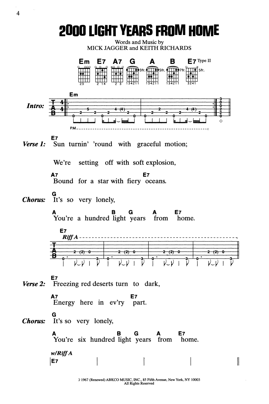 The Rolling Stones 2000 Light Years From Home sheet music notes and chords. Download Printable PDF.