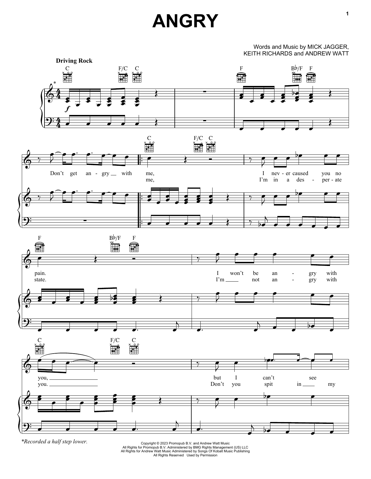 The Rolling Stones Angry sheet music notes and chords. Download Printable PDF.