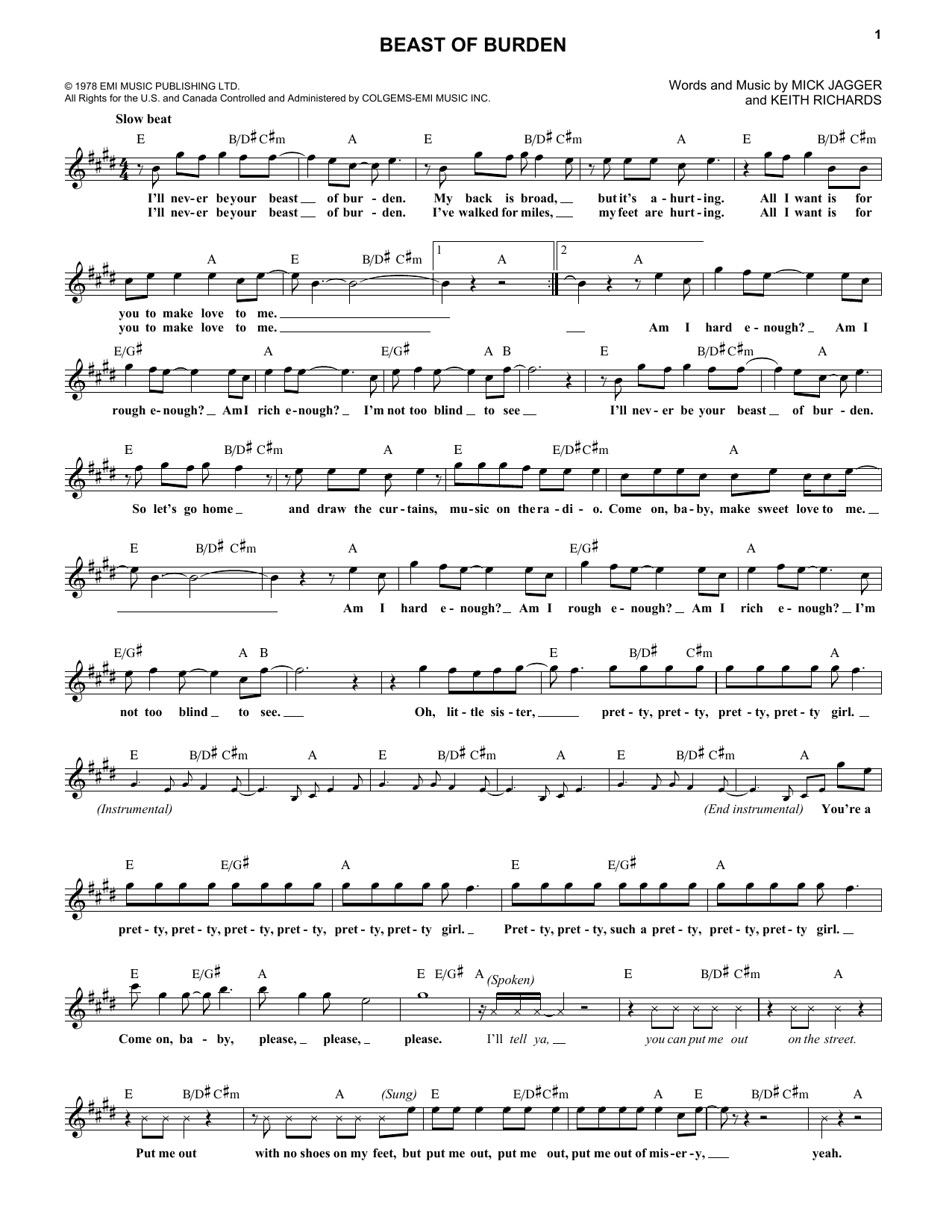 The Rolling Stones Beast Of Burden sheet music notes and chords. Download Printable PDF.