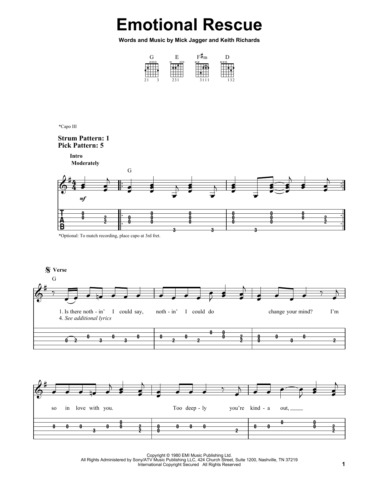 The Rolling Stones Emotional Rescue sheet music notes and chords. Download Printable PDF.