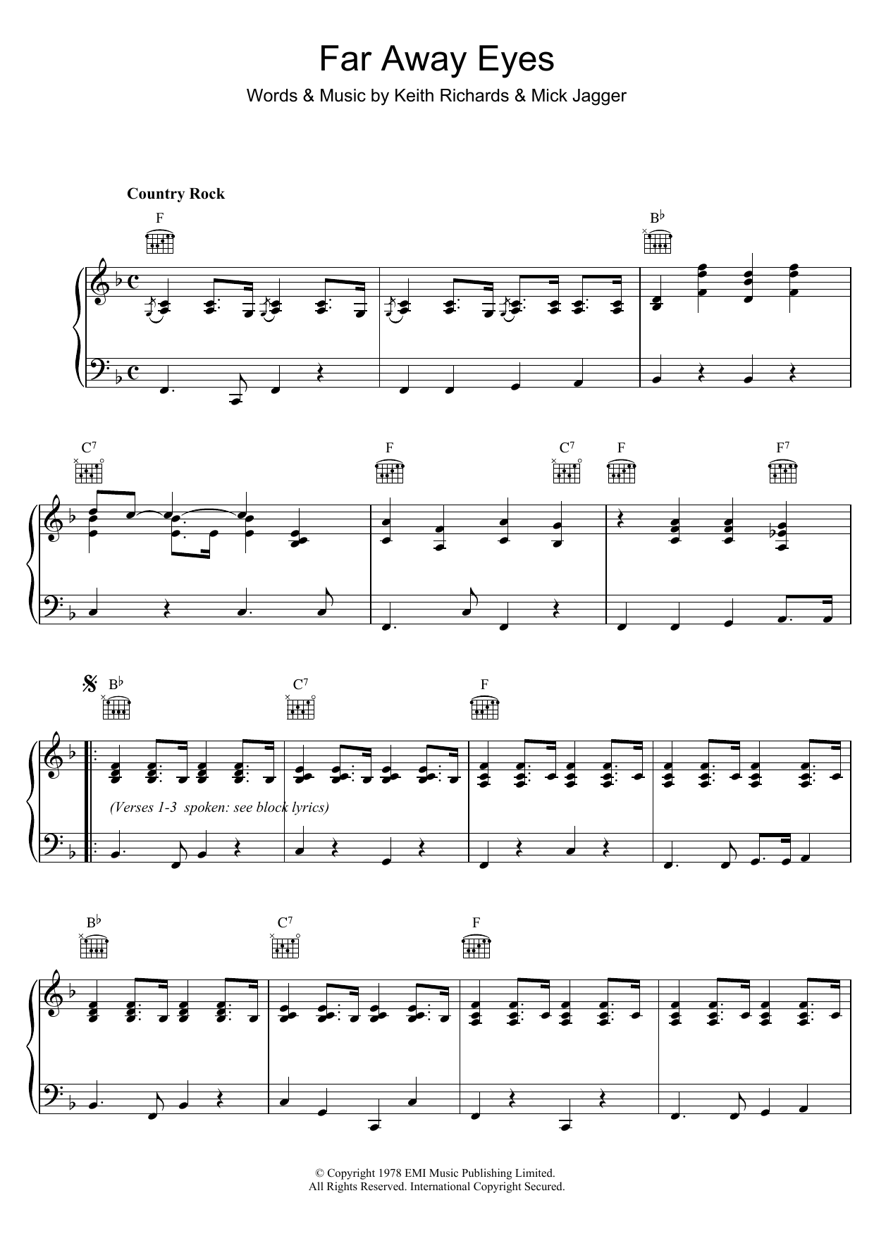 Learn to play The Rolling Stones Far Away Eyes sheet music for Piano, Vocal & Guitar Chords in minutes. Price: 7.8900$ The Rolling Stones Far Away Eyes sheet music notes and chords arranged for Piano, Vocal & Guitar Chords