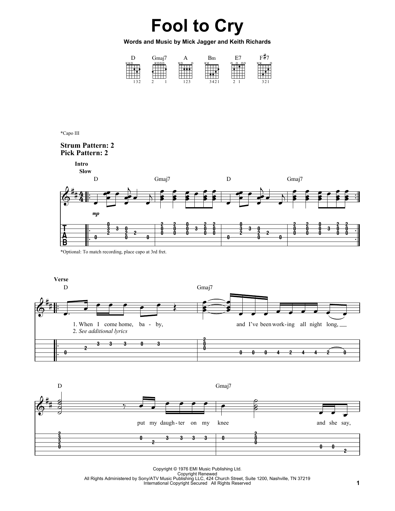 The Rolling Stones Fool To Cry sheet music notes and chords. Download Printable PDF.