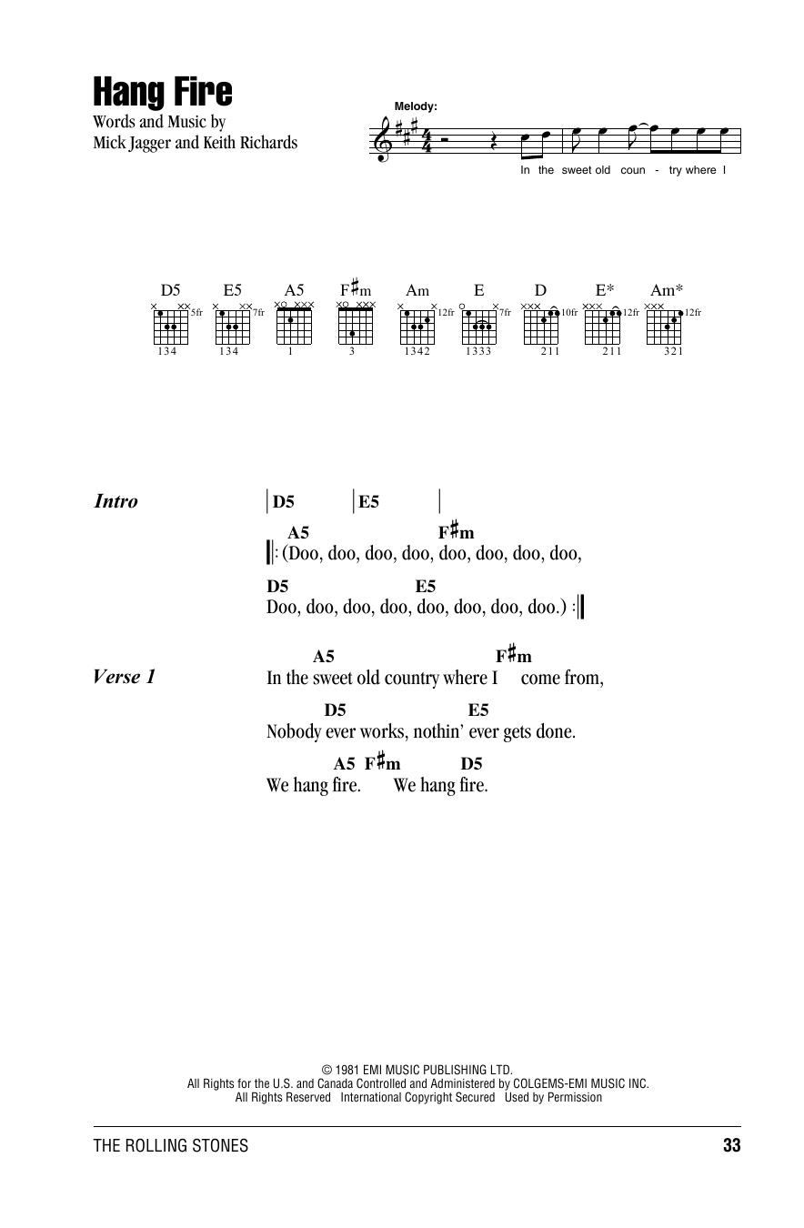 The Rolling Stones Hang Fire sheet music notes and chords. Download Printable PDF.