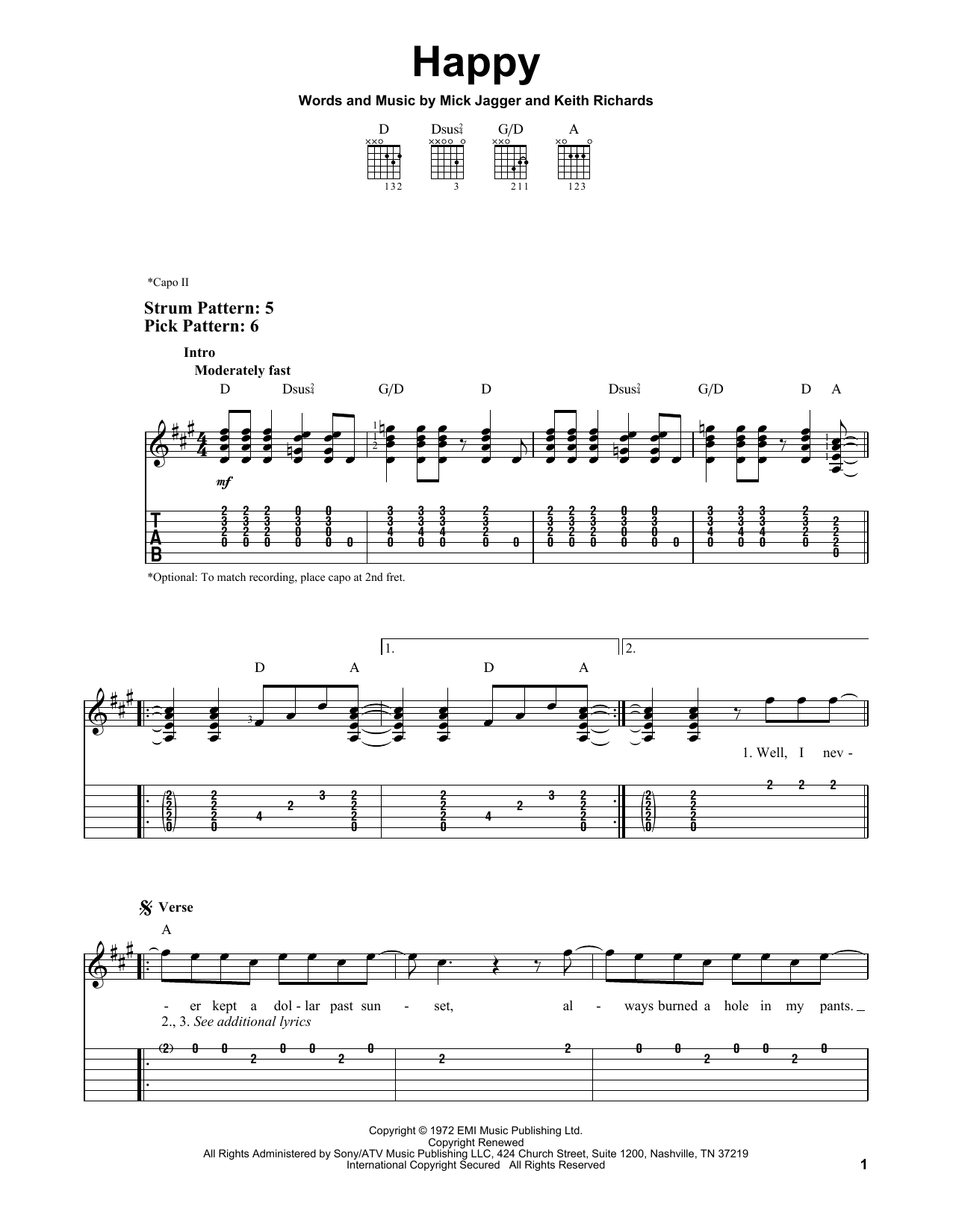 The Rolling Stones Happy sheet music notes and chords. Download Printable PDF.