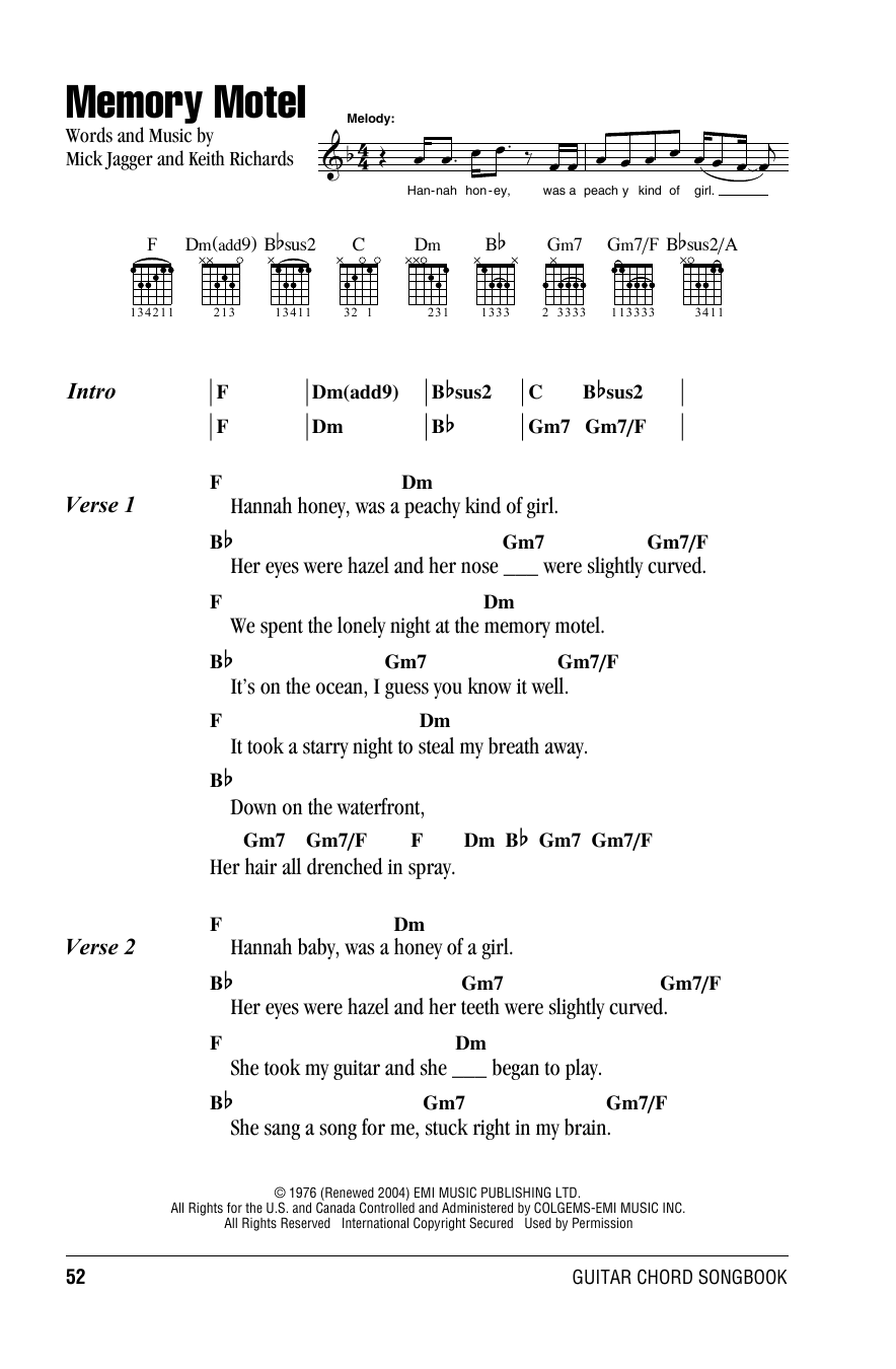 The Rolling Stones Memory Motel sheet music notes and chords. Download Printable PDF.