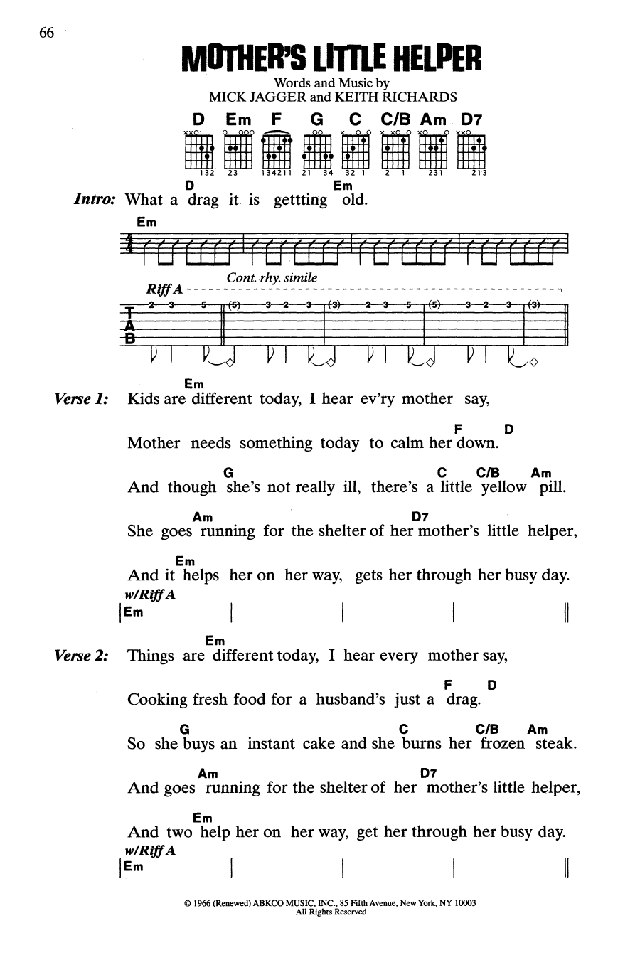 The Rolling Stones Mother's Little Helper sheet music notes and chords. Download Printable PDF.