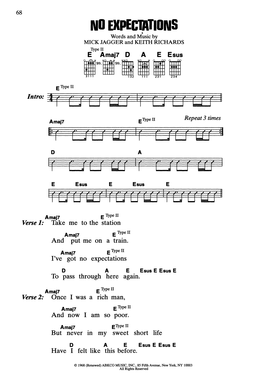 The Rolling Stones No Expectations sheet music notes and chords. Download Printable PDF.