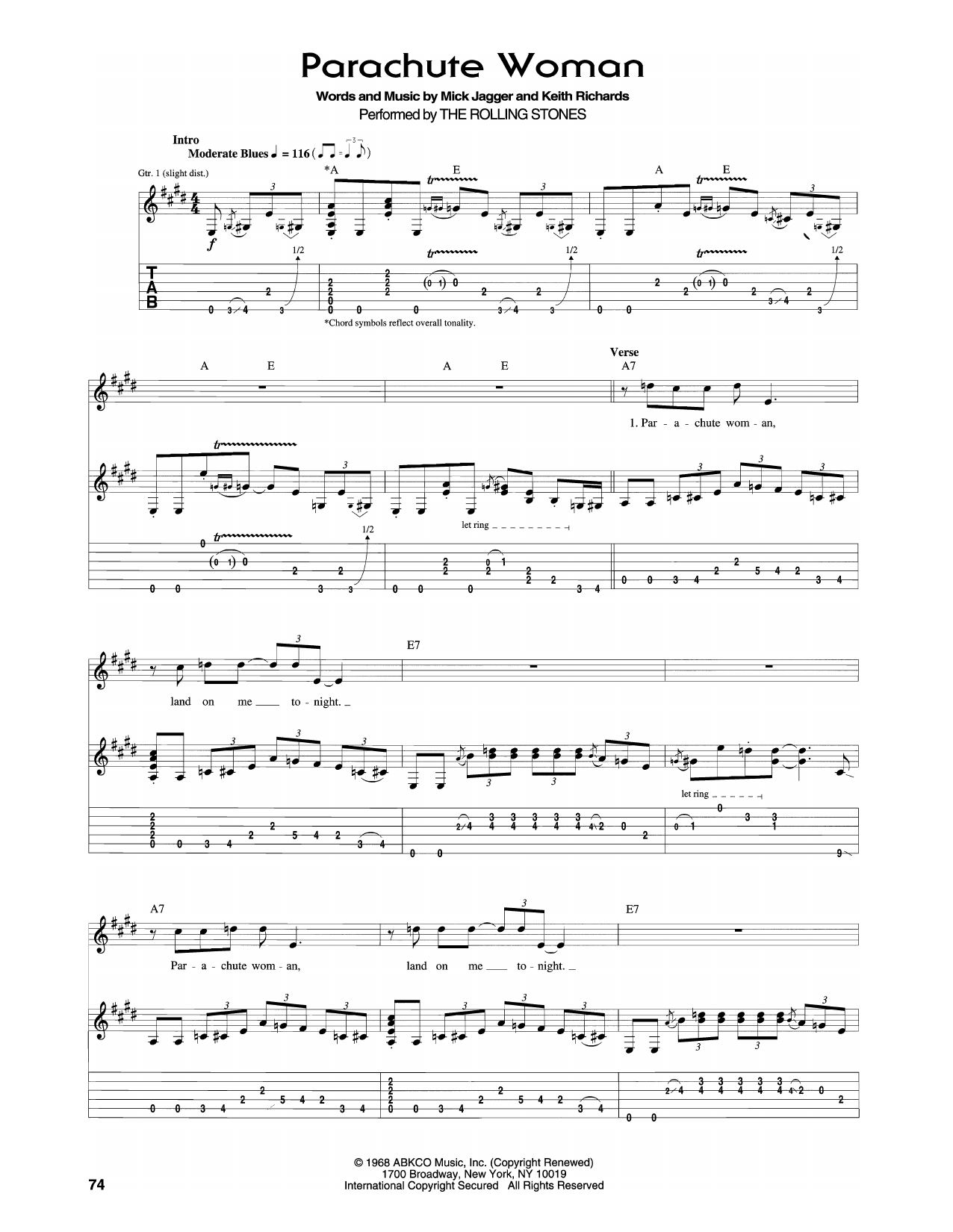 The Rolling Stones Parachute Woman sheet music notes and chords. Download Printable PDF.