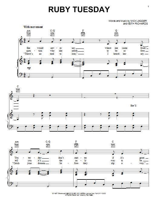 The Rolling Stones Ruby Tuesday sheet music notes and chords. Download Printable PDF.