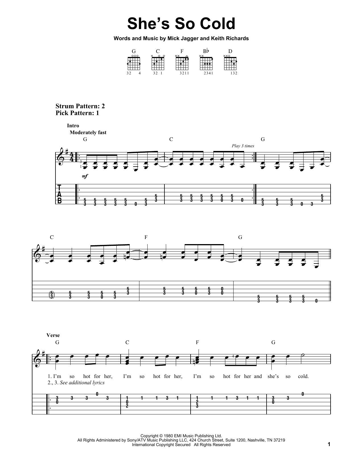 The Rolling Stones She's So Cold sheet music notes and chords. Download Printable PDF.