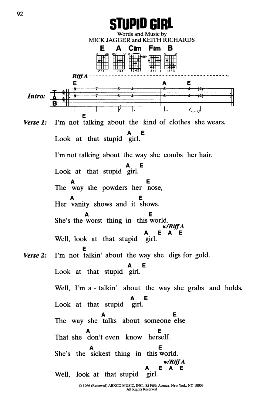 The Rolling Stones Stupid Girl sheet music notes and chords. Download Printable PDF.