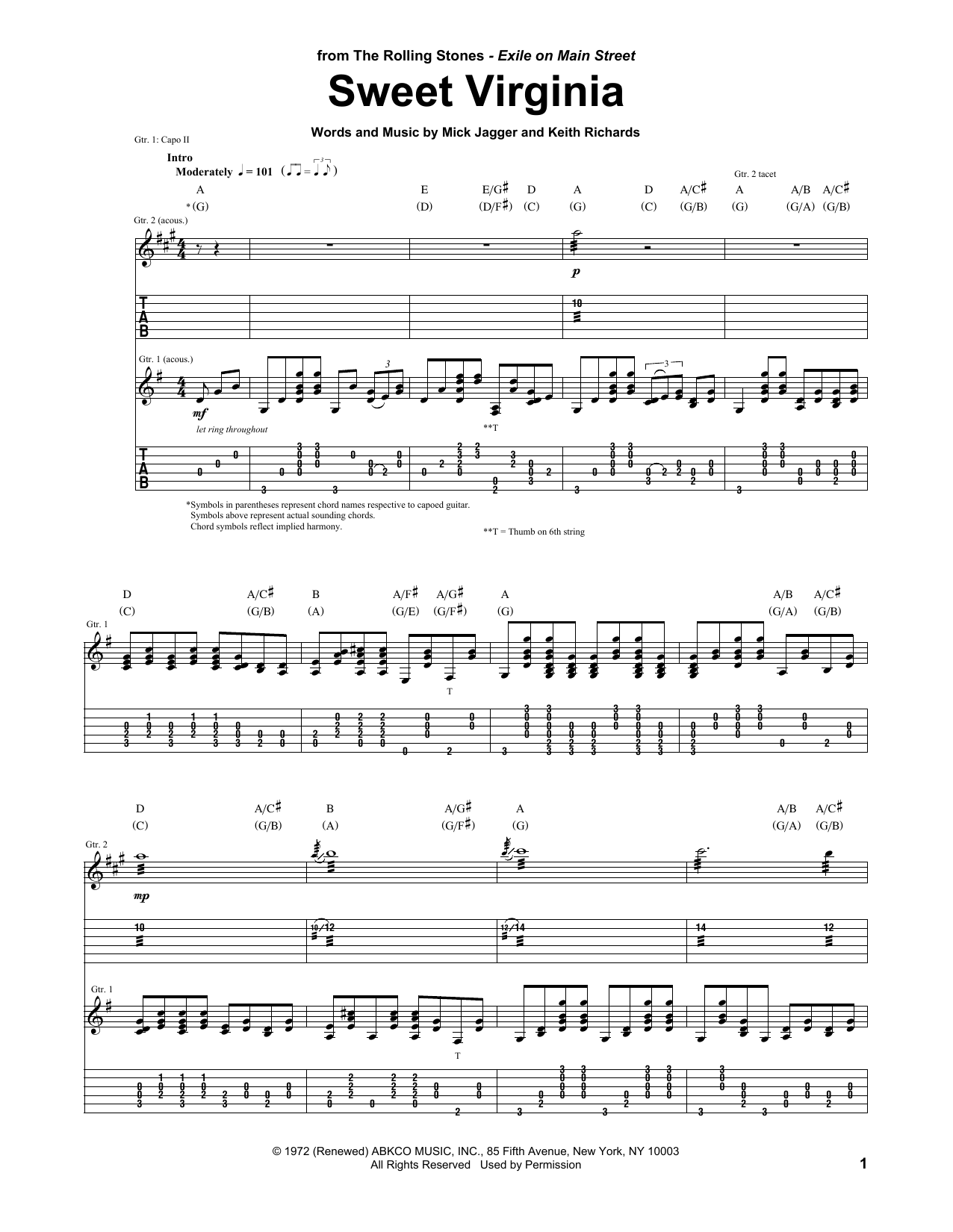 The Rolling Stones Sweet Virginia sheet music notes and chords. Download Printable PDF.