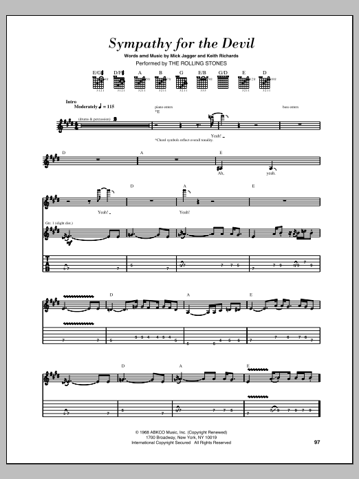 The Rolling Stones Sympathy For The Devil sheet music notes and chords. Download Printable PDF.