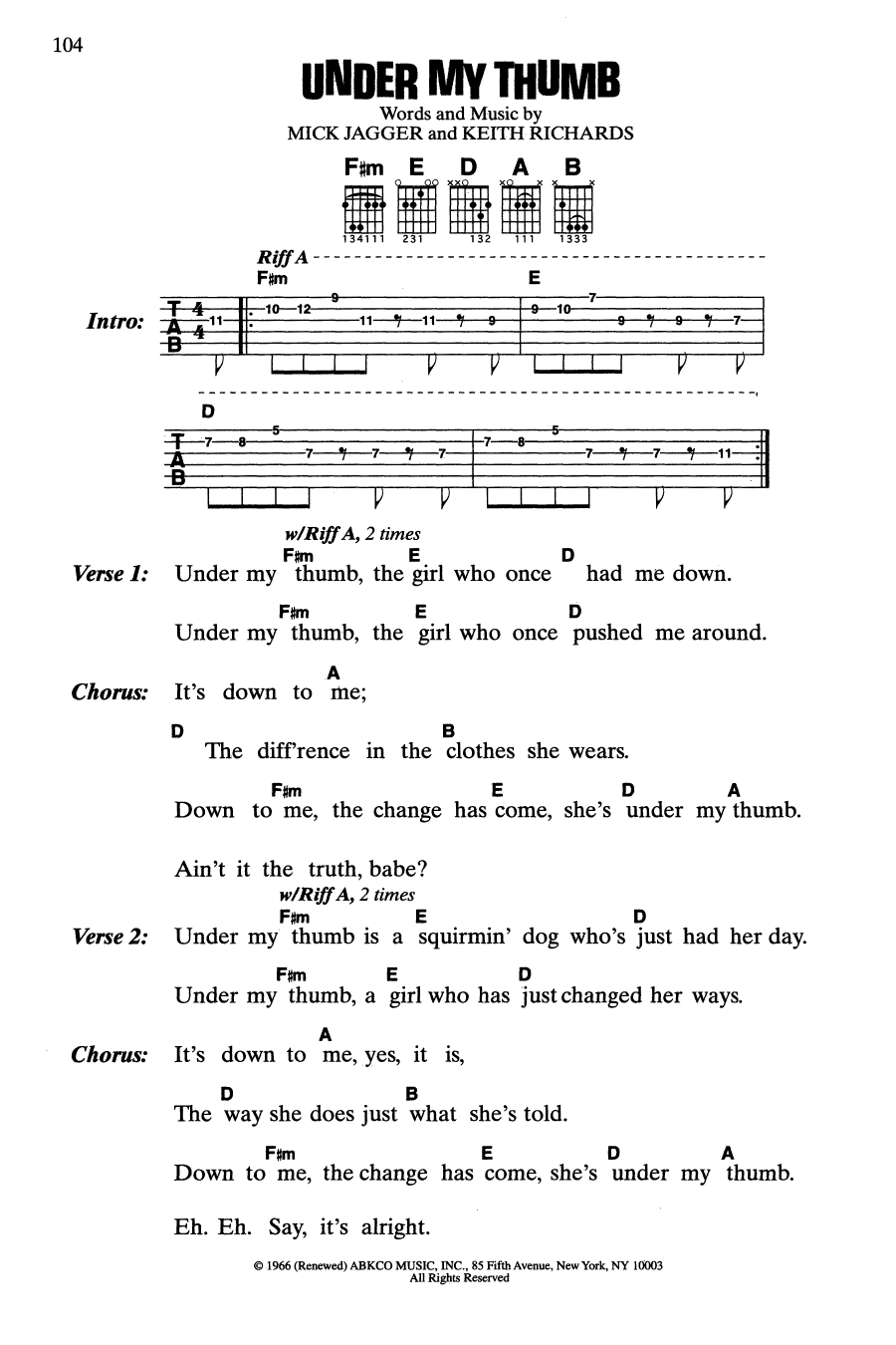 The Rolling Stones Under My Thumb sheet music notes and chords. Download Printable PDF.