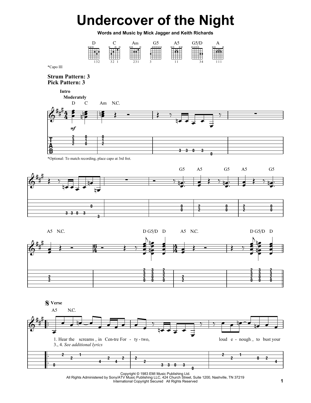 The Rolling Stones Undercover (Of The Night) sheet music notes and chords. Download Printable PDF.