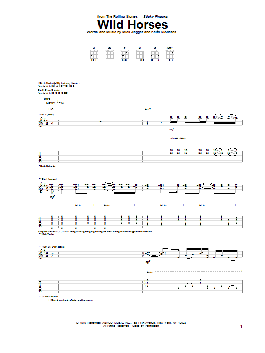 The Rolling Stones Wild Horses sheet music notes and chords. Download Printable PDF.