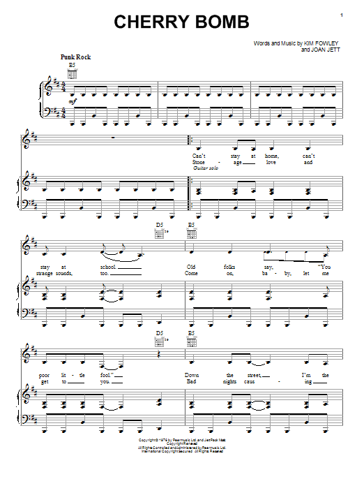Learn to play The Runaways Cherry Bomb sheet music for Piano, Vocal & Guitar Chords (Right-Hand Melody) in minutes. Price: 7.8900$ The Runaways Cherry Bomb sheet music notes and chords arranged for Piano, Vocal & Guitar Chords (Right-Hand Melody)