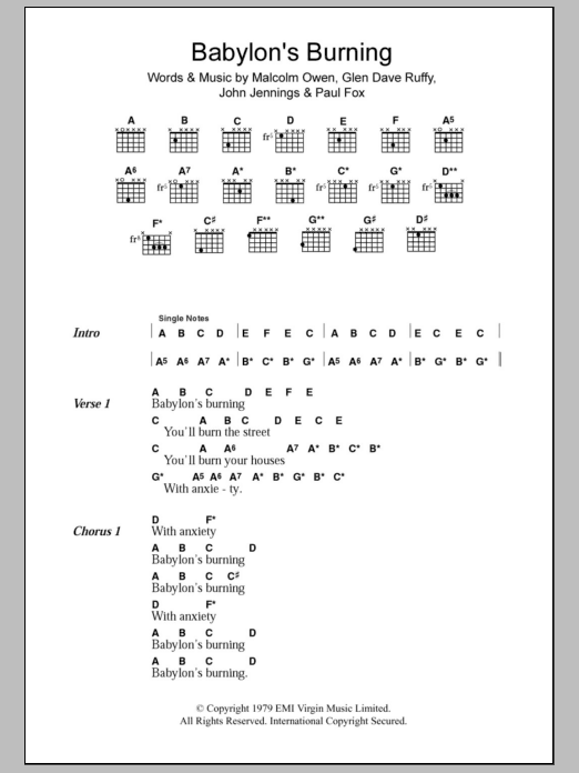 The Ruts Babylon's Burning sheet music notes and chords. Download Printable PDF.