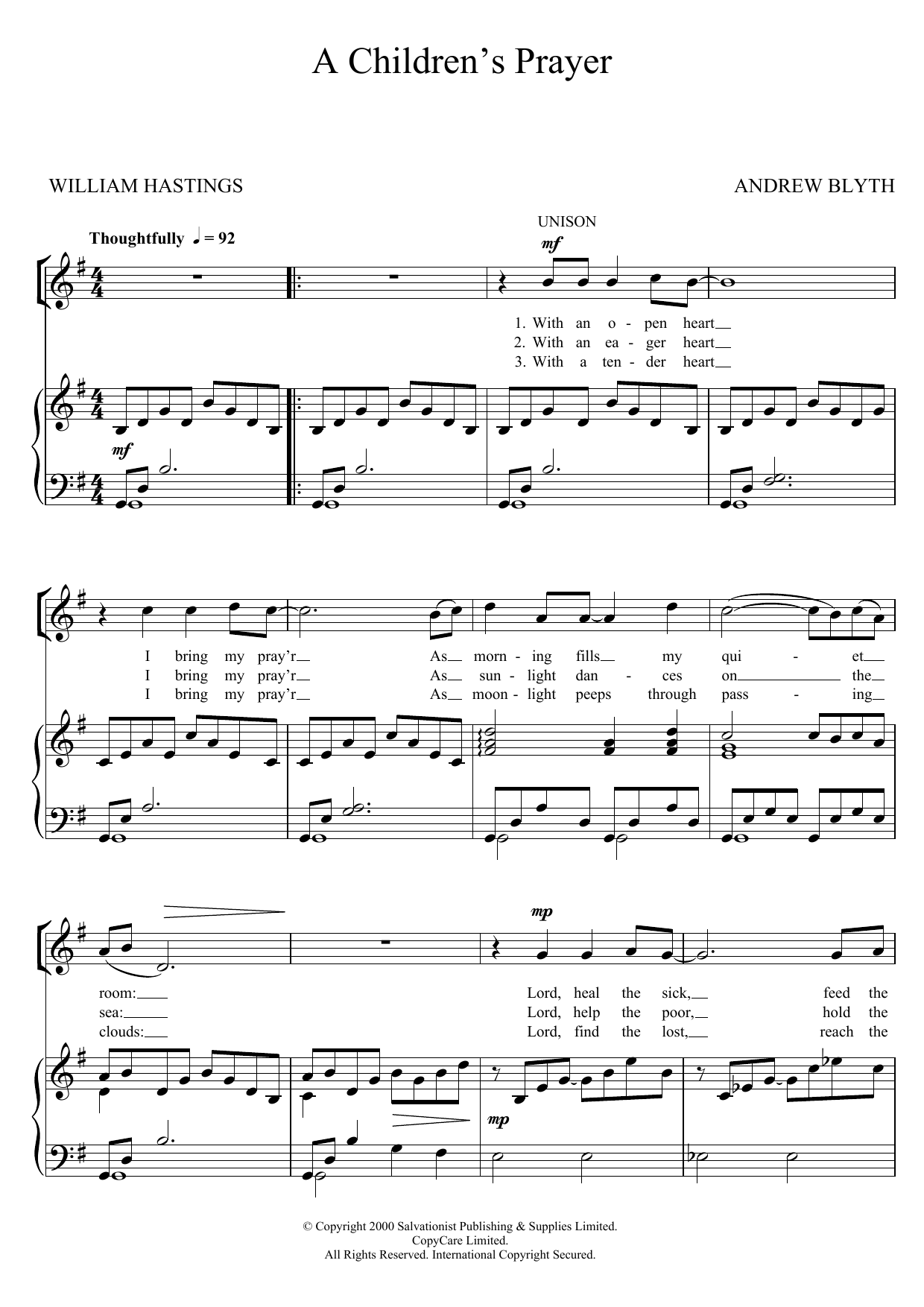 Learn to play Andrew Blyth A Children's Prayer sheet music for Piano, Vocal & Guitar Chords in minutes. Price: 7.8900$ Andrew Blyth A Children's Prayer sheet music notes and chords arranged for Piano, Vocal & Guitar Chords