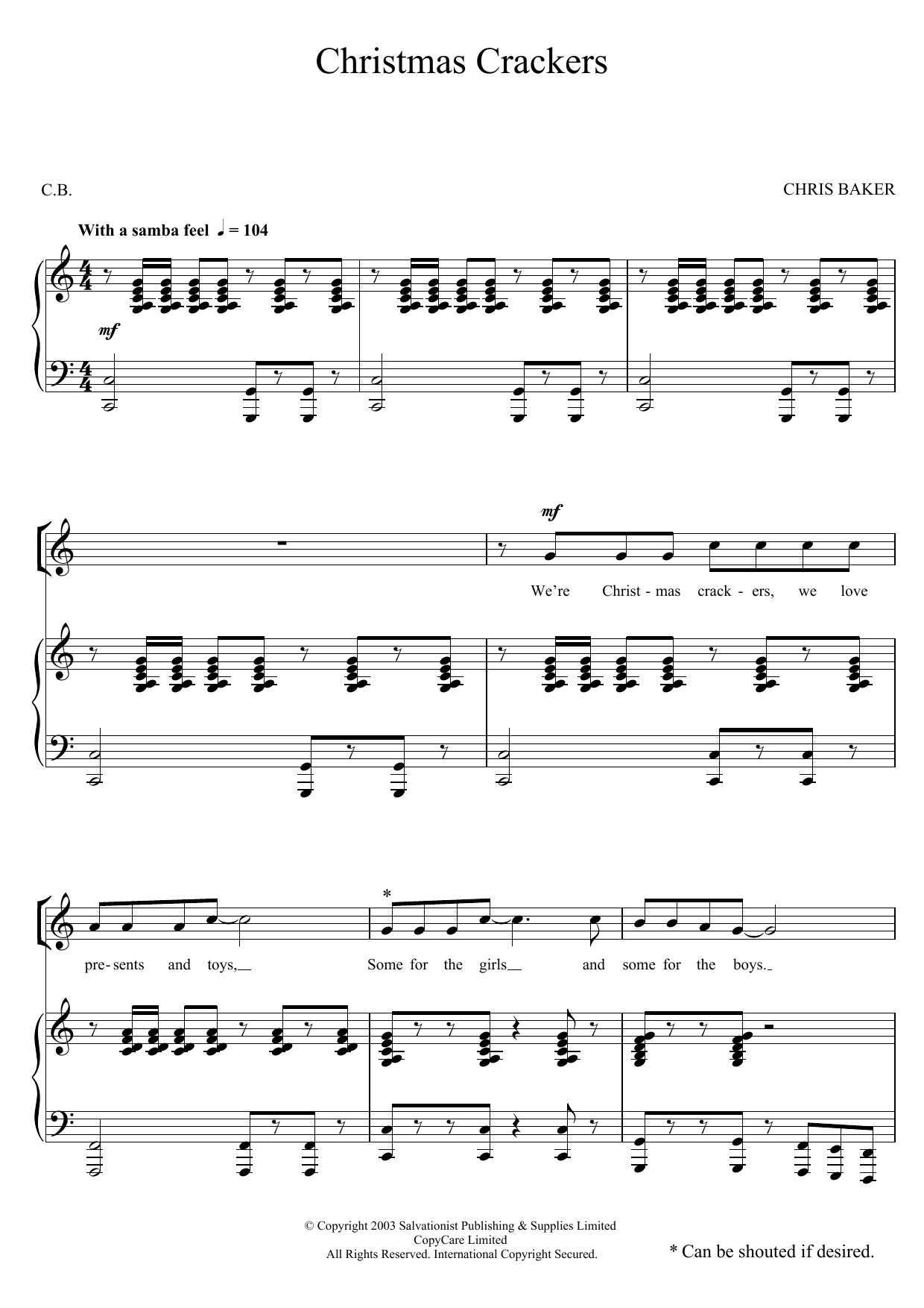Learn to play The Salvation Army Christmas Crackers sheet music for Piano, Vocal & Guitar Chords in minutes. Price: 7.8900$ The Salvation Army Christmas Crackers sheet music notes and chords arranged for Piano, Vocal & Guitar Chords