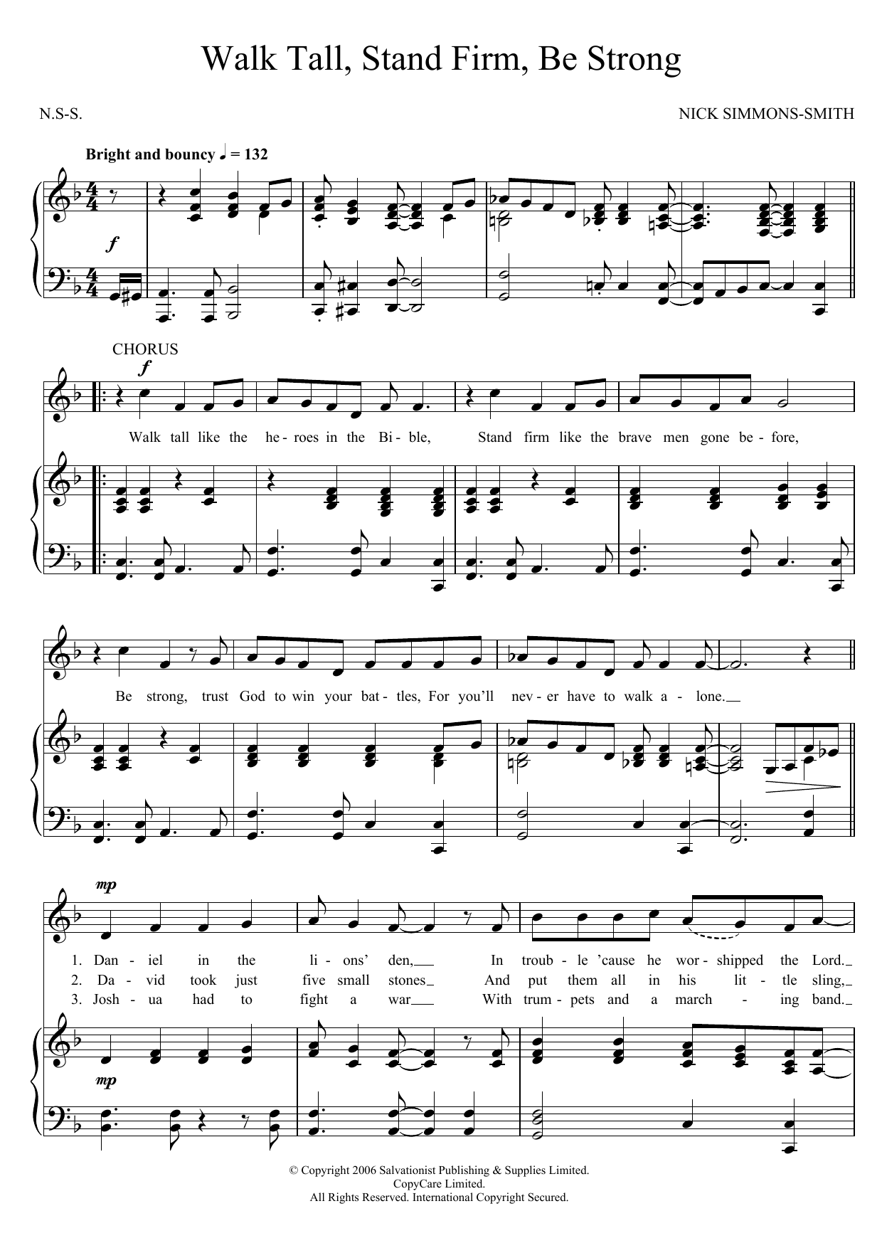 Learn to play The Salvation Army Walk Tall, Stand Firm, Be Strong sheet music for Piano, Vocal & Guitar Chords in minutes. Price: 7.8900$ The Salvation Army Walk Tall, Stand Firm, Be Strong sheet music notes and chords arranged for Piano, Vocal & Guitar Chords