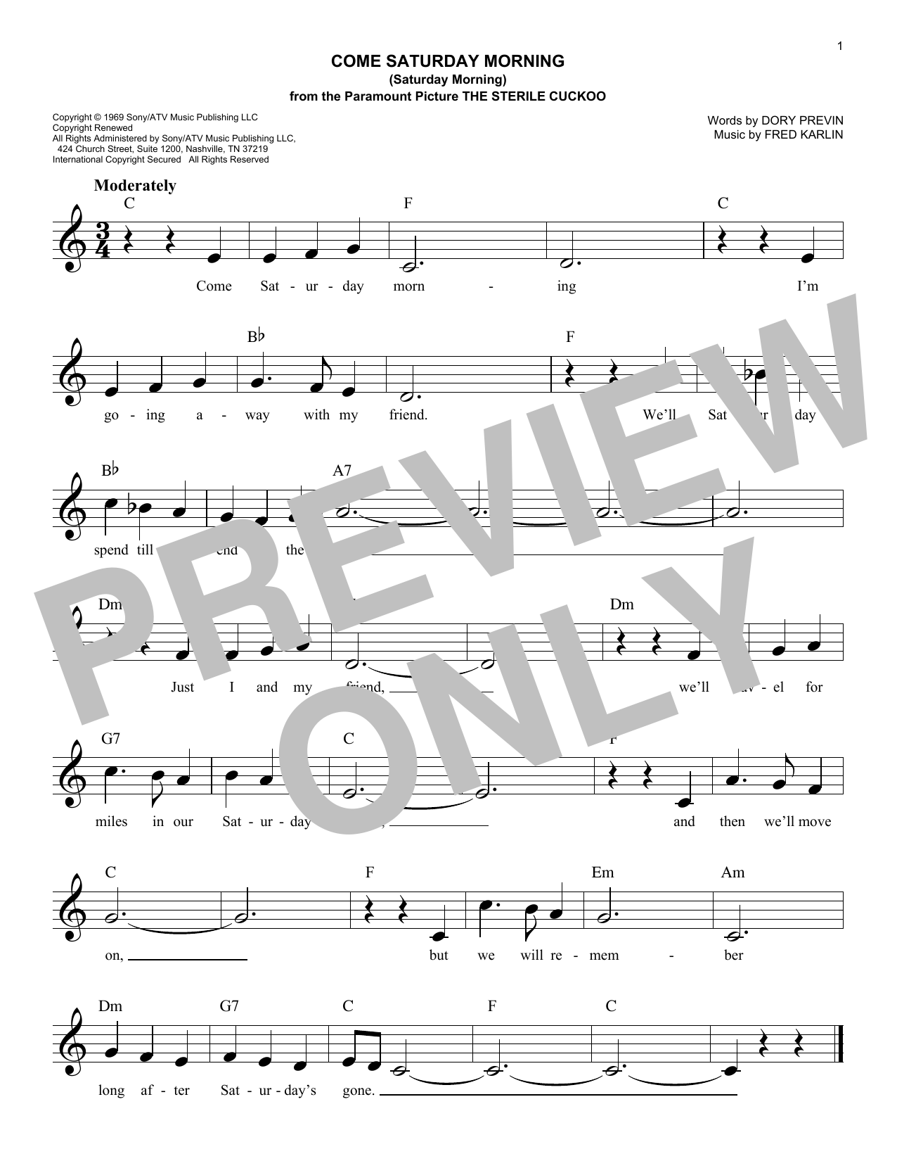 The Sandpipers Come Saturday Morning (Saturday Morning) sheet music notes and chords arranged for Easy Lead Sheet / Fake Book