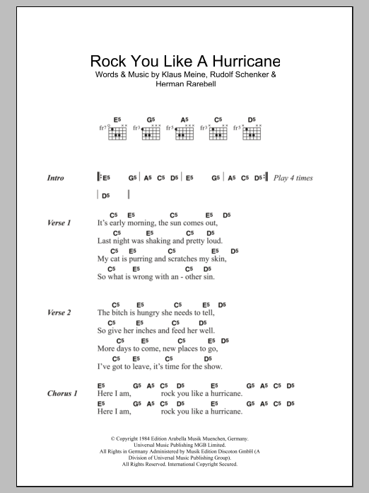 The Scorpions Rock You Like A Hurricane sheet music notes and chords. Download Printable PDF.