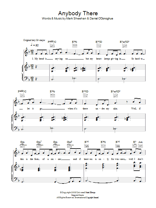 Learn to play The Script Anybody There sheet music for Piano, Vocal & Guitar Chords in minutes. Price: 7.8900$ The Script Anybody There sheet music notes and chords arranged for Piano, Vocal & Guitar Chords