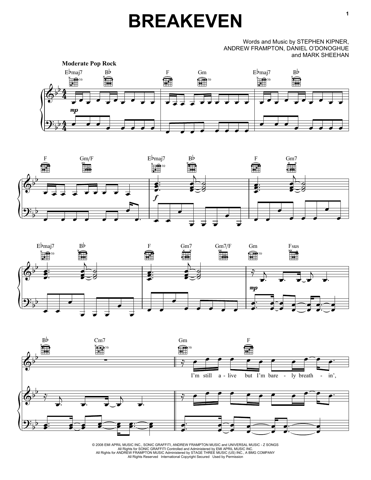 The Script Breakeven sheet music notes and chords. Download Printable PDF.