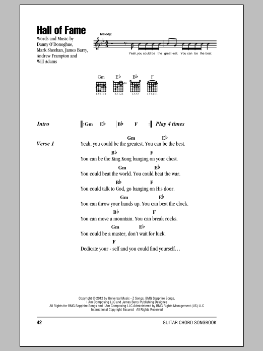 The Script Hall Of Fame (feat. will.i.am) sheet music notes and chords arranged for Piano, Vocal & Guitar Chords (Right-Hand Melody)