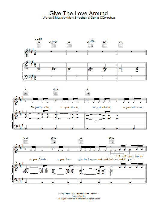 Learn to play The Script Give The Love Around sheet music for Piano, Vocal & Guitar Chords in minutes. Price: 7.8900$ The Script Give The Love Around sheet music notes and chords arranged for Piano, Vocal & Guitar Chords