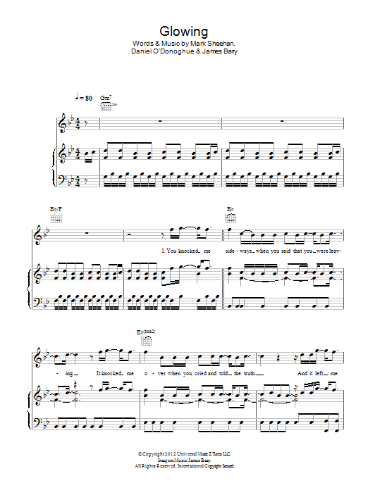 Learn to play The Script Glowing sheet music for Piano, Vocal & Guitar Chords in minutes. Price: 7.8900$ The Script Glowing sheet music notes and chords arranged for Piano, Vocal & Guitar Chords