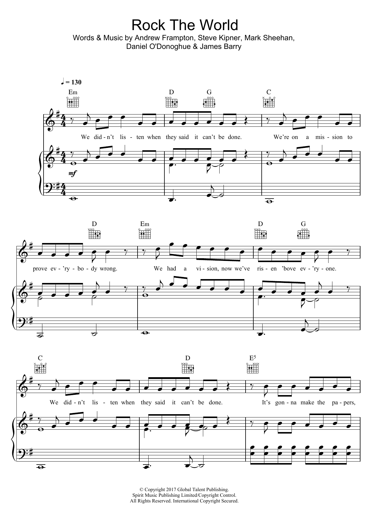 Learn to play The Script Rock The World sheet music for Piano, Vocal & Guitar Chords in minutes. Price: 7.8900$ The Script Rock The World sheet music notes and chords arranged for Piano, Vocal & Guitar Chords