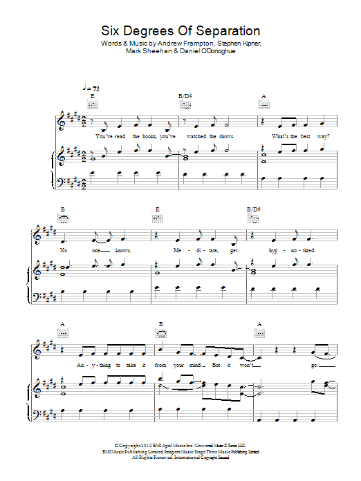 Learn to play The Script Six Degrees Of Separation sheet music for Piano, Vocal & Guitar Chords in minutes. Price: 7.8900$ The Script Six Degrees Of Separation sheet music notes and chords arranged for Piano, Vocal & Guitar Chords