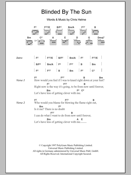 The Seahorses Blinded By The Sun sheet music notes and chords. Download Printable PDF.