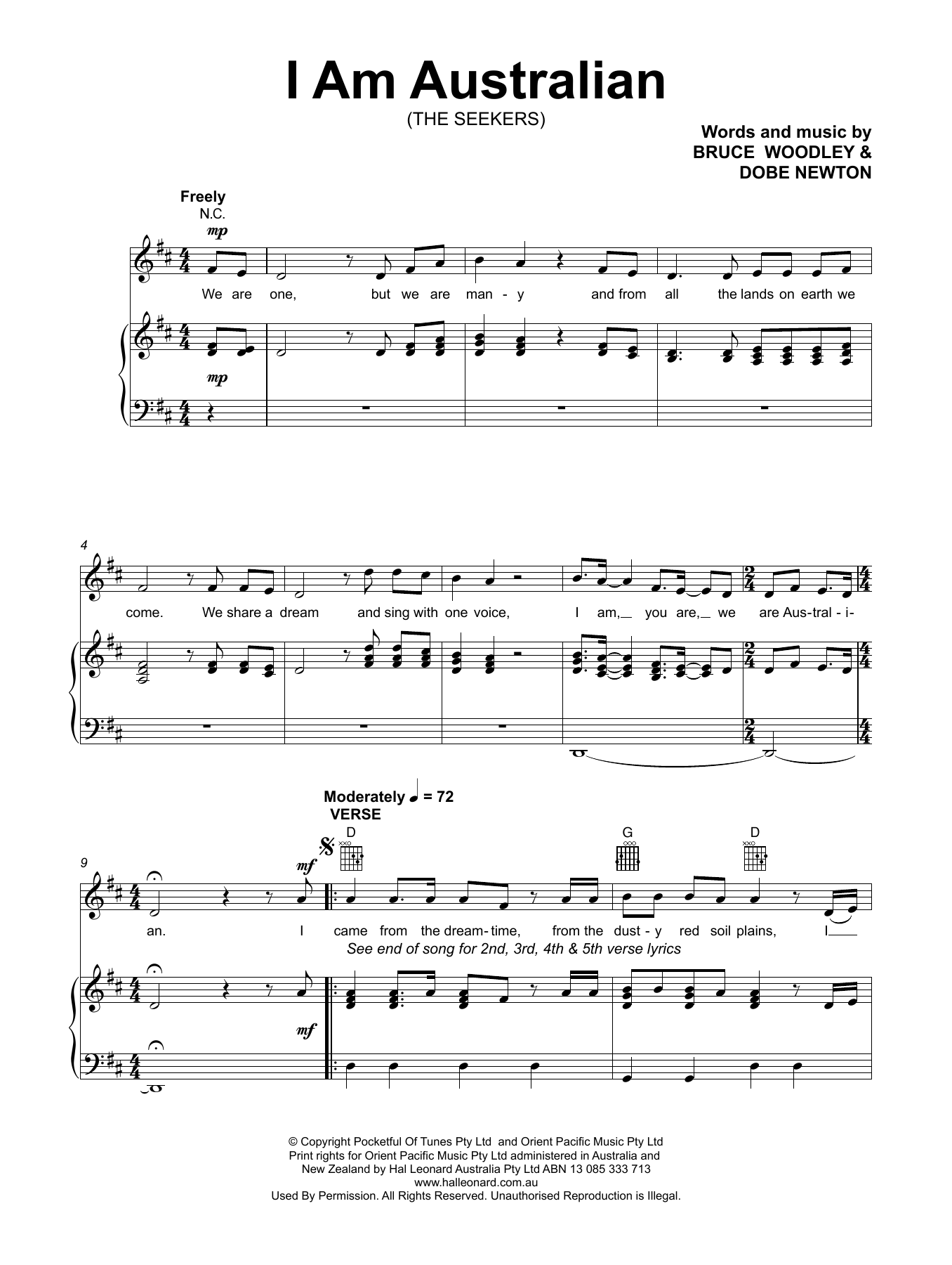 The Seekers I Am Australian sheet music notes and chords. Download Printable PDF.