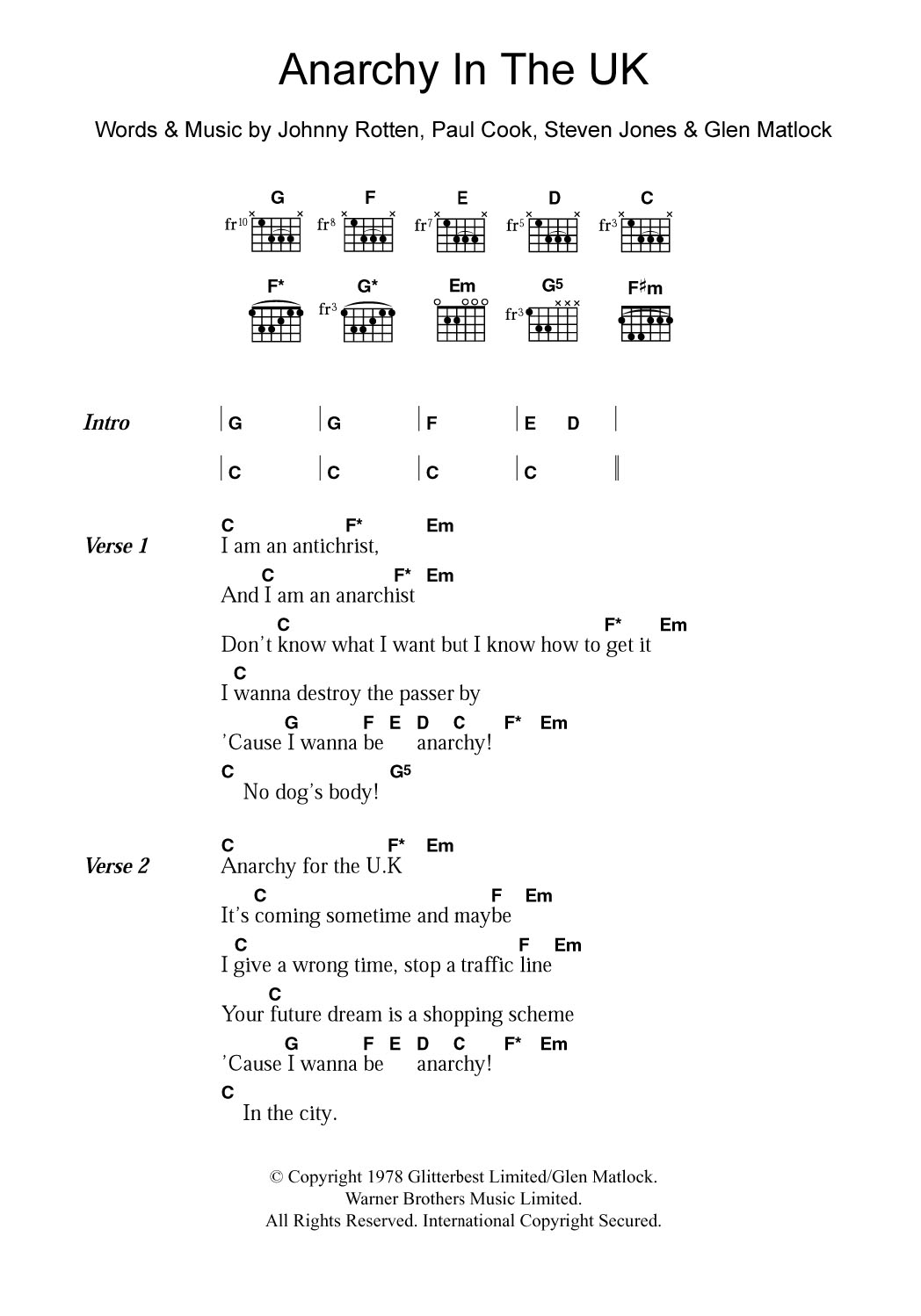 The Sex Pistols Anarchy In The UK sheet music notes and chords. Download Printable PDF.