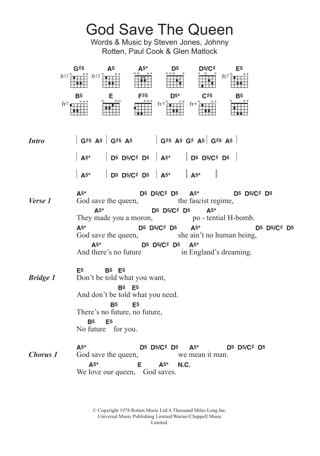 The Sex Pistols God Save The Queen sheet music notes and chords. Download Printable PDF.