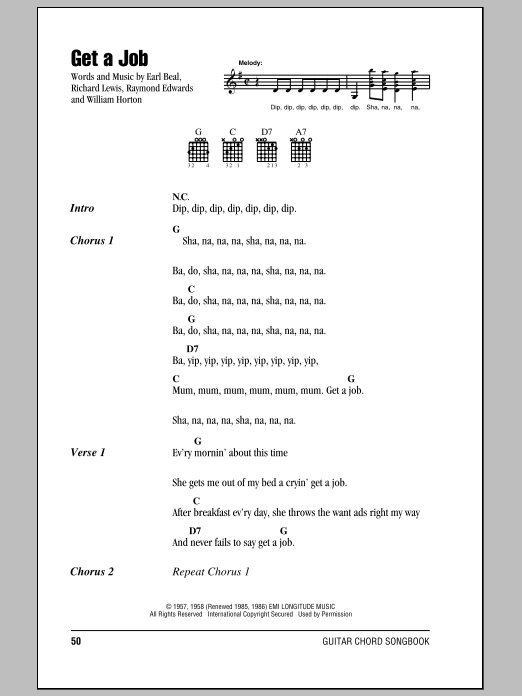 The Silhouettes Get A Job sheet music notes and chords arranged for Guitar Chords/Lyrics