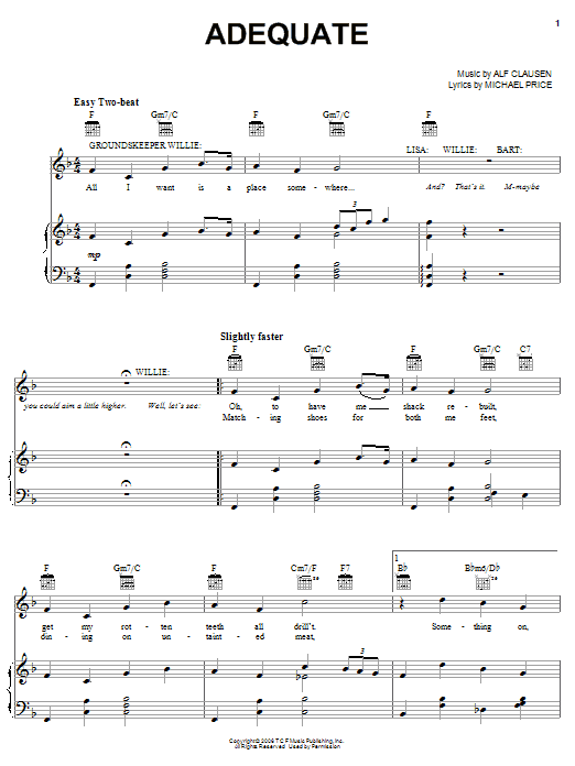 Learn to play The Simpsons Adequate sheet music for Piano, Vocal & Guitar Chords (Right-Hand Melody) in minutes. Price: 7.8900$ The Simpsons Adequate sheet music notes and chords arranged for Piano, Vocal & Guitar Chords (Right-Hand Melody)