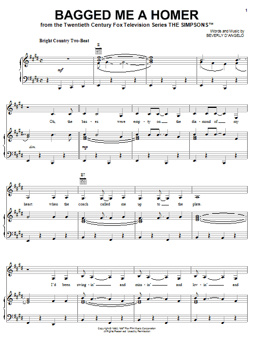 Learn to play The Simpsons Bagged Me A Homer sheet music for Piano, Vocal & Guitar Chords (Right-Hand Melody) in minutes. Price: 7.8900$ The Simpsons Bagged Me A Homer sheet music notes and chords arranged for Piano, Vocal & Guitar Chords (Right-Hand Melody)