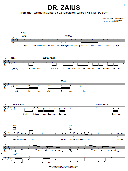 Learn to play The Simpsons Dr. Zaius sheet music for Piano, Vocal & Guitar Chords (Right-Hand Melody) in minutes. Price: 7.8900$ The Simpsons Dr. Zaius sheet music notes and chords arranged for Piano, Vocal & Guitar Chords (Right-Hand Melody)