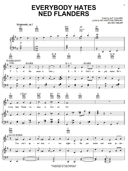 The Simpsons Everybody Hates Ned Flanders sheet music notes and chords arranged for Piano, Vocal & Guitar Chords (Right-Hand Melody)