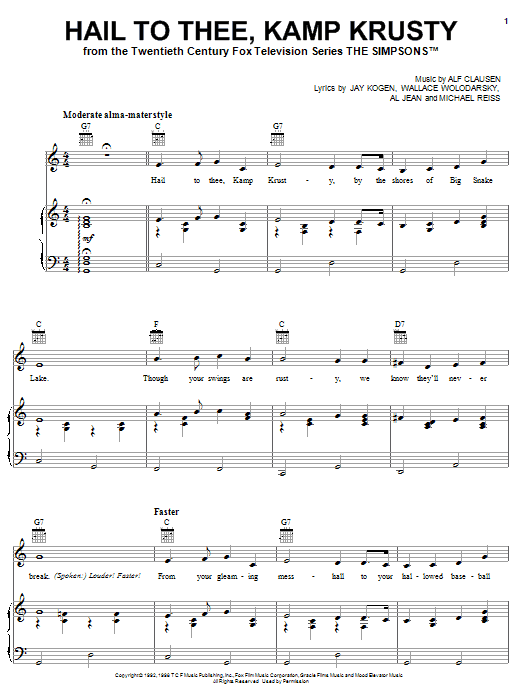 Learn to play The Simpsons Hail To Thee, Kamp Krusty sheet music for Piano, Vocal & Guitar Chords (Right-Hand Melody) in minutes. Price: 7.8900$ The Simpsons Hail To Thee, Kamp Krusty sheet music notes and chords arranged for Piano, Vocal & Guitar Chords (Right-Hand Melody)