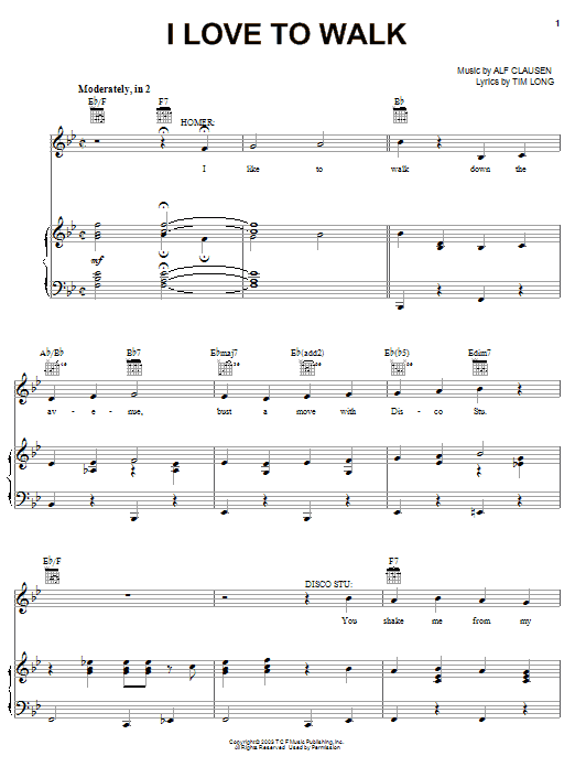 Learn to play The Simpsons I Love To Walk sheet music for Piano, Vocal & Guitar Chords (Right-Hand Melody) in minutes. Price: 7.8900$ The Simpsons I Love To Walk sheet music notes and chords arranged for Piano, Vocal & Guitar Chords (Right-Hand Melody)