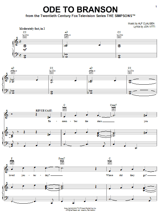 Learn to play The Simpsons Ode To Branson sheet music for Piano, Vocal & Guitar Chords (Right-Hand Melody) in minutes. Price: 7.8900$ The Simpsons Ode To Branson sheet music notes and chords arranged for Piano, Vocal & Guitar Chords (Right-Hand Melody)